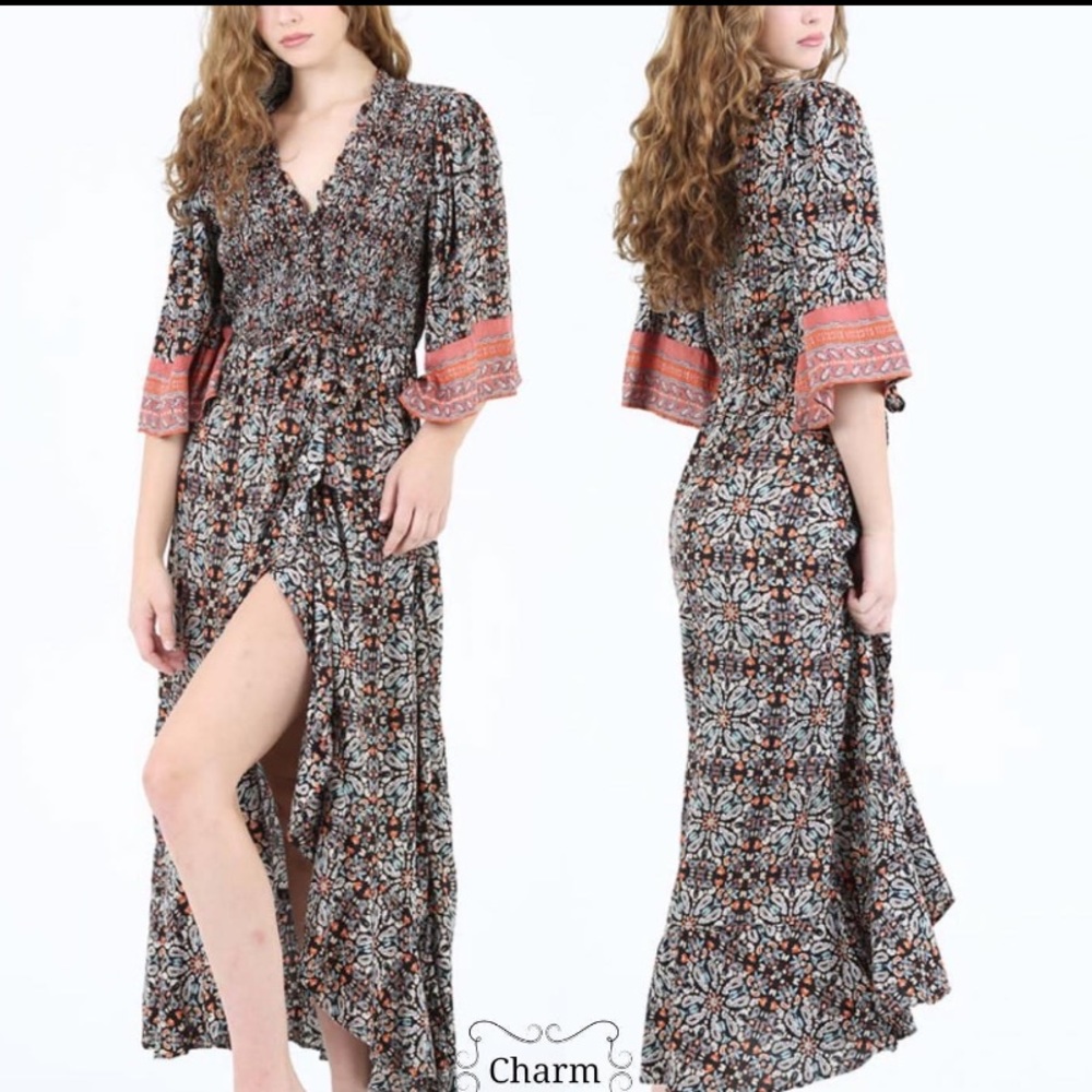 Angie smocked dress with slit
